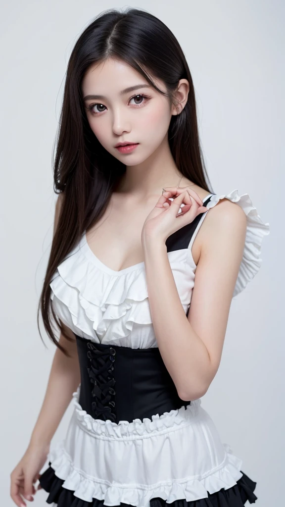 (((forehead、Northern Europe、White people、beautiful girl、Black Hair、White background、Frills、race、dress)))、table top, highest quality, figure, super detailed, finely, High resolution, 8k wallpaper, Perfect dynamic composition, detailed and beautiful eyes, Deco out,bionde, medium hair, super big breasts, Natural color lip,white background, random cute poses,frill dress