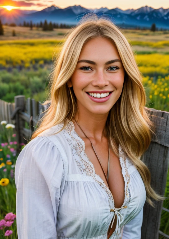 close up photography, a western scene, A beautiful blonde woman smiling alone standing next to a divided fence in a meadow full of flowers in the Sawtooth Mountains in Idaho as the sun sets; wearing a shirtless mno , sexy peasant, europea, 🤬 🤮 💕