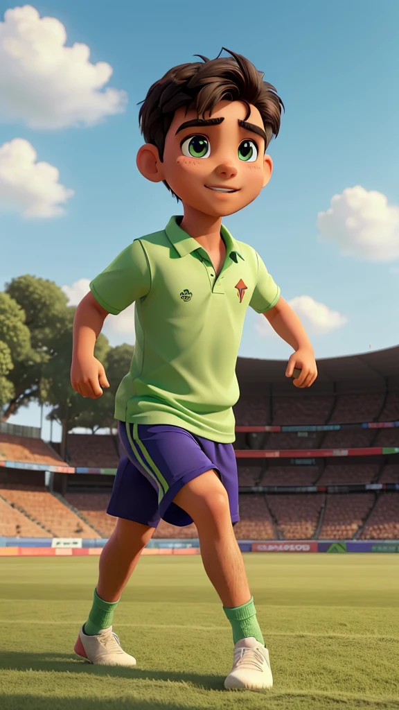 a shy boy playing kabaddi on a field, detailed face, beautiful eyes, detailed expression, athletic body, action pose, dynamic movement, sports field, green grass, sunlight, vibrant colors