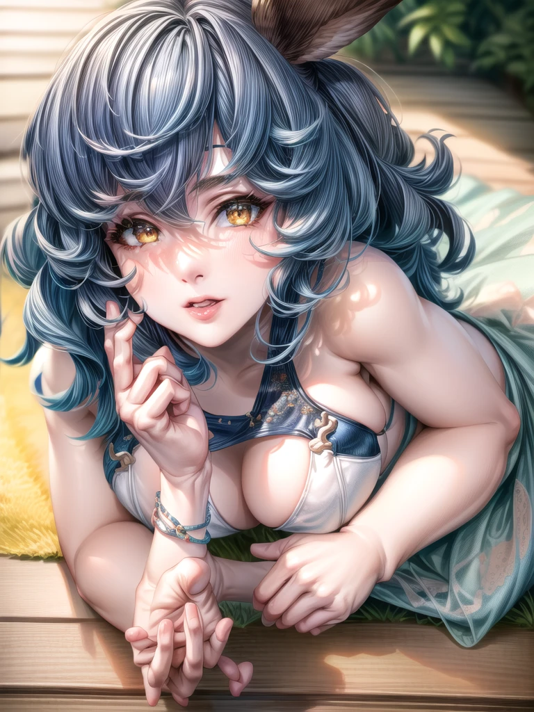 (masterpiece:1.2, best quality:1.1, highres,absurdres, high quality),(photorealistic:1.1),reflected light, colorful,ultra-detailed, ultra hd, super detailed,
ferry_summer, blue hair, yellow eyes, swimsuit, one hand on hair, (full body), 1girl, solo focus, laying on the couch,