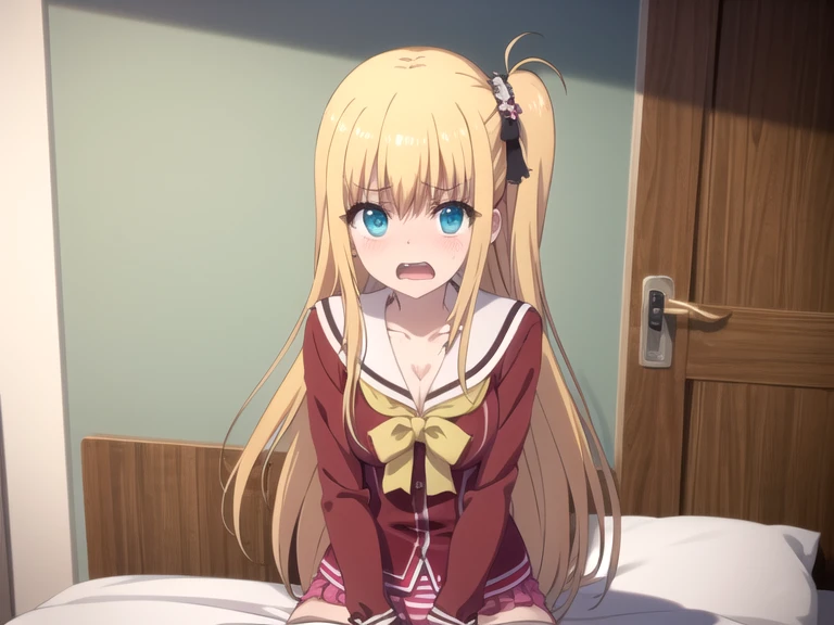 (ultra-highdetail, 8k quality, best quality, extremely detailed illustration, best quality anime illustration, best coloring), (yusa nishimori, serafuku, red shirt, blue eyes, solo), looking up viewer, sitting, topless, cameltoe, no bra, nipple, Cleavage, very short skirt, pink striped pattern panties, A flipped skirt, on the bed, vagina, gleaming skin, moist skin, embarrassed, open mouth, five fingers, Troubled face,