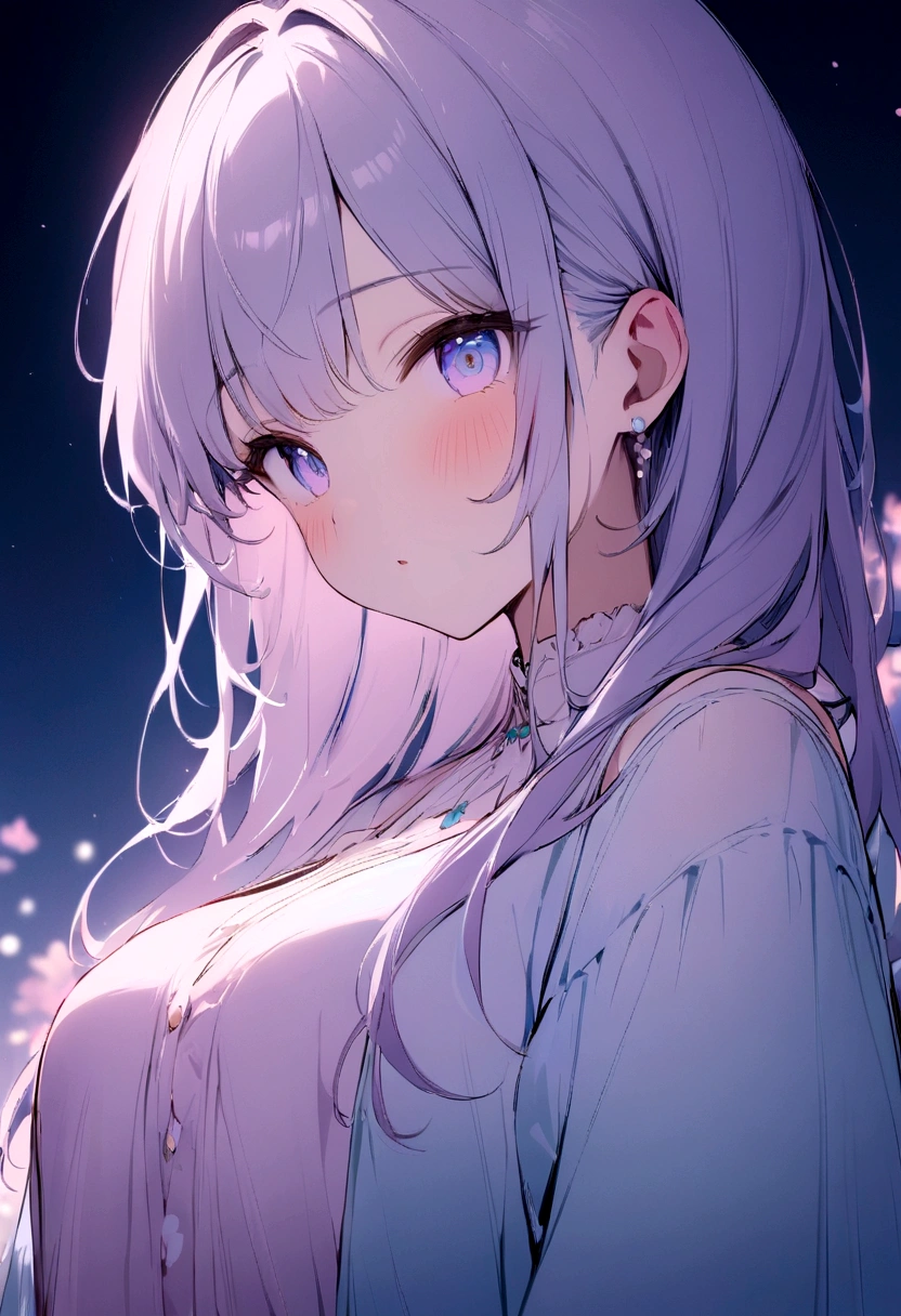 ((best quality, masterpiece, absurbres)), Close-up, Soft Colors, Pastel Purple, Baby Blue, 2 Girls, Aesthetic Fashion, Cherry Blossom at night, Natural Lighting