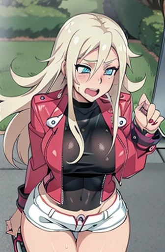 20 year old woman, busty, bubble butt, hourglass figure, skinny, blushing, embarassed, shocked expression, horny, seductive, long hair, platinum blonde hair, wavy hair, wearing cropped biker jacket, white tshirt, hotpants, tight fitting clothing, in park, anime, flat colors, dynamic pose, running, sprinting, heavy make up, kissable lips, red lipstick, ((open mouth)), ((drooling)), ((wet)), ecchi style, hentai, ecchi anime style, seductive,  punk style, punk hair, punk clothing