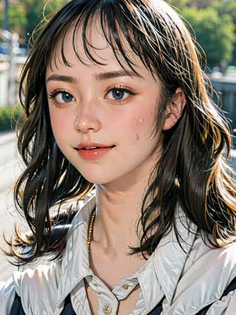 masterpiece, best quality, photorealistic, raw photo, 1girl, medium breast, collared blouse, light smile, detailed skin, pore, simple background