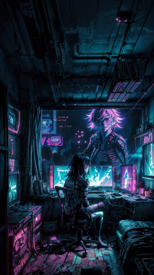 There was a girl sitting on the bed in the room playing video games, Big TV, Teen room with books, Cyberpunk, inspired by Liam Wong, At night, Dark room, lo-fi illustration style, gaming bedroom, Study in the room, Cyril tumbled and meters.Kaluta, Teen room. 