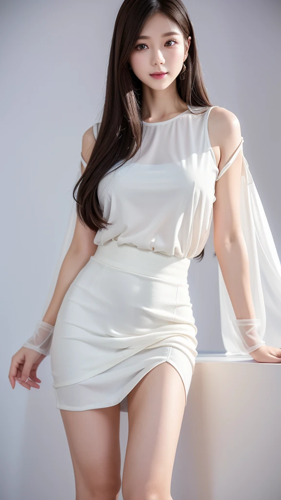 White Room、Whiteish purple maxi length tight skirt 、Sheer blouse、(Highest quality)、((Very detailed))、4K、(8K)、masterpiece、Super detailed、Highest quality、Super Resolution、One person、Kind Face、Soft Light、Raw quality、Soft Skin、Heel、Thighs、163cm、