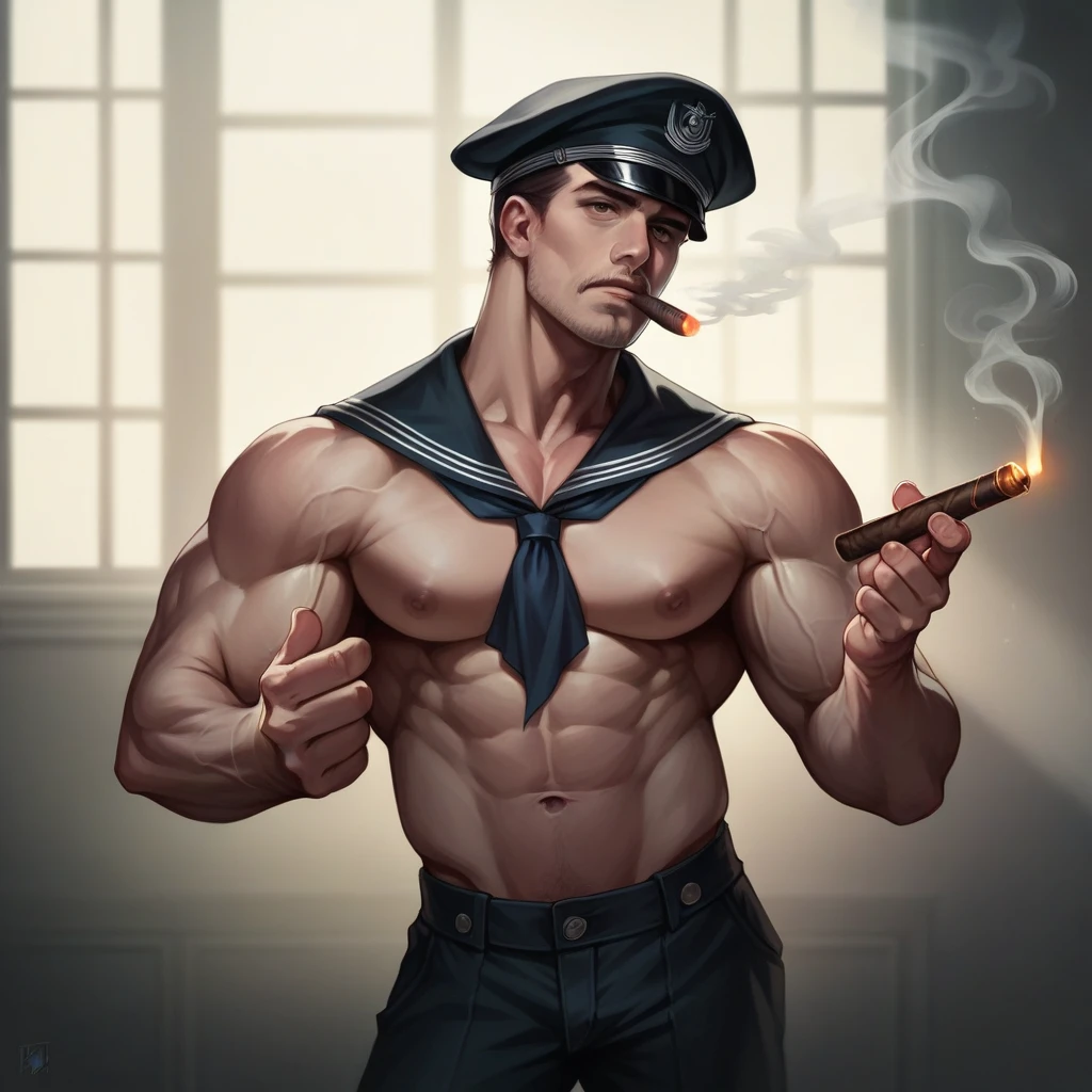 a muscular sailor, strong and powerful, wearing a black outfit, disproportionately large arms, muscular arms, sailor cap, smoking cigar, cinematic lighting, dramatic shadows, photorealistic, highly detailed, hyper realistic, 8k, masterpiece