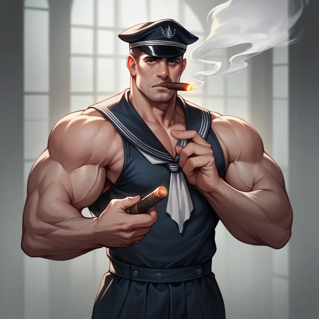 a muscular sailor, strong and powerful, wearing a black outfit, disproportionately large arms, muscular arms, sailor cap, smoking cigar, cinematic lighting, dramatic shadows, photorealistic, highly detailed, hyper realistic, 8k, masterpiece