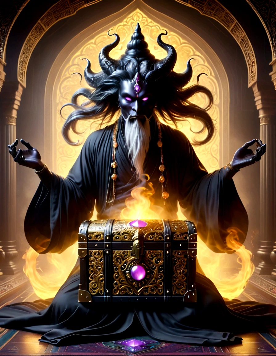 (Thick smoke floated out of an opened golden treasure chest and gradually turned into a monster in the air.),Giant cat demon,Inspired by《Aladdin's magic lamp》,The hair of the monster that turned into smoke is dark black,Often draped over the shoulders,Gives a feeling of elegance yet dignity。He is very particular about his clothes.,Often wears a black robe,It is embroidered with mysterious patterns,background:Jewels all over the floor