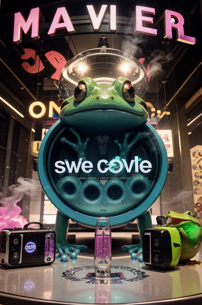 logo 3D image with the words "MTL style SWEEKEE city" and a cool frog image surrounded by many vape devices behind
