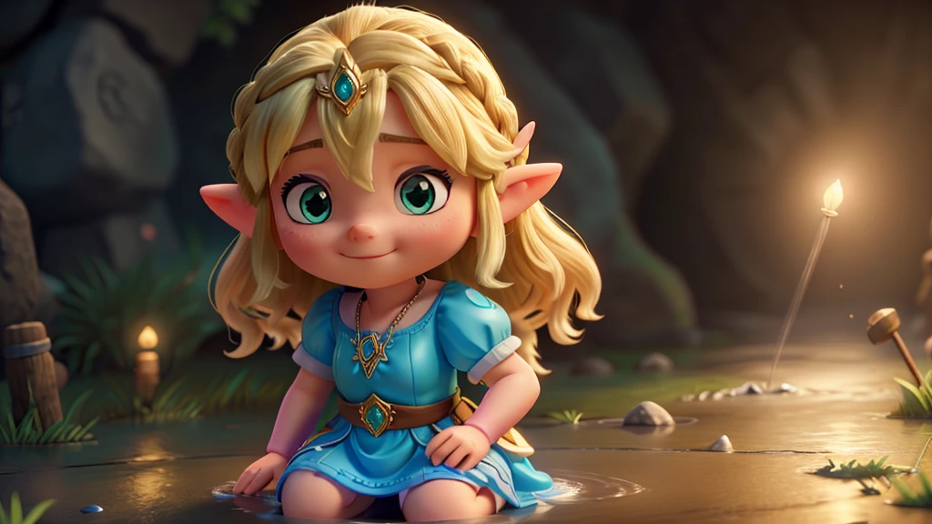Cute Princess Zelda, magical florest, sligth rainning day, some ligths of tourchs, 8k, high detail