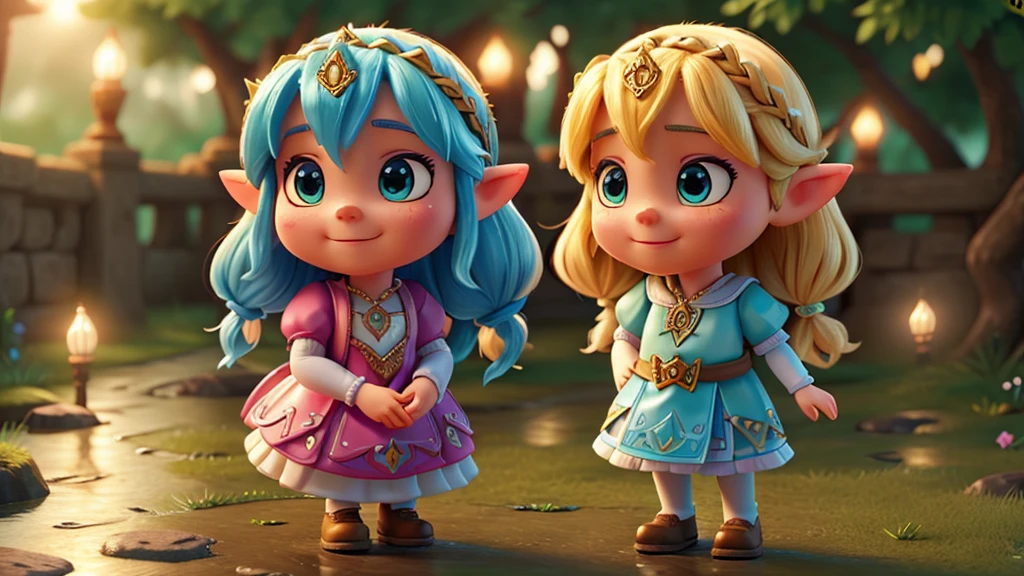 Cute Princess Zelda, magical florest, sligth rainning day, some ligths of tourchs, 8k, high detail