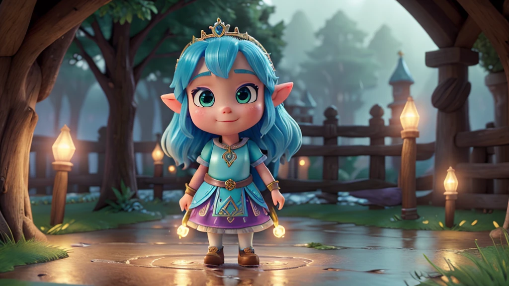 Cute Princess Zelda, magical florest, sligth rainning day, some ligths of tourchs, 8k, high detail