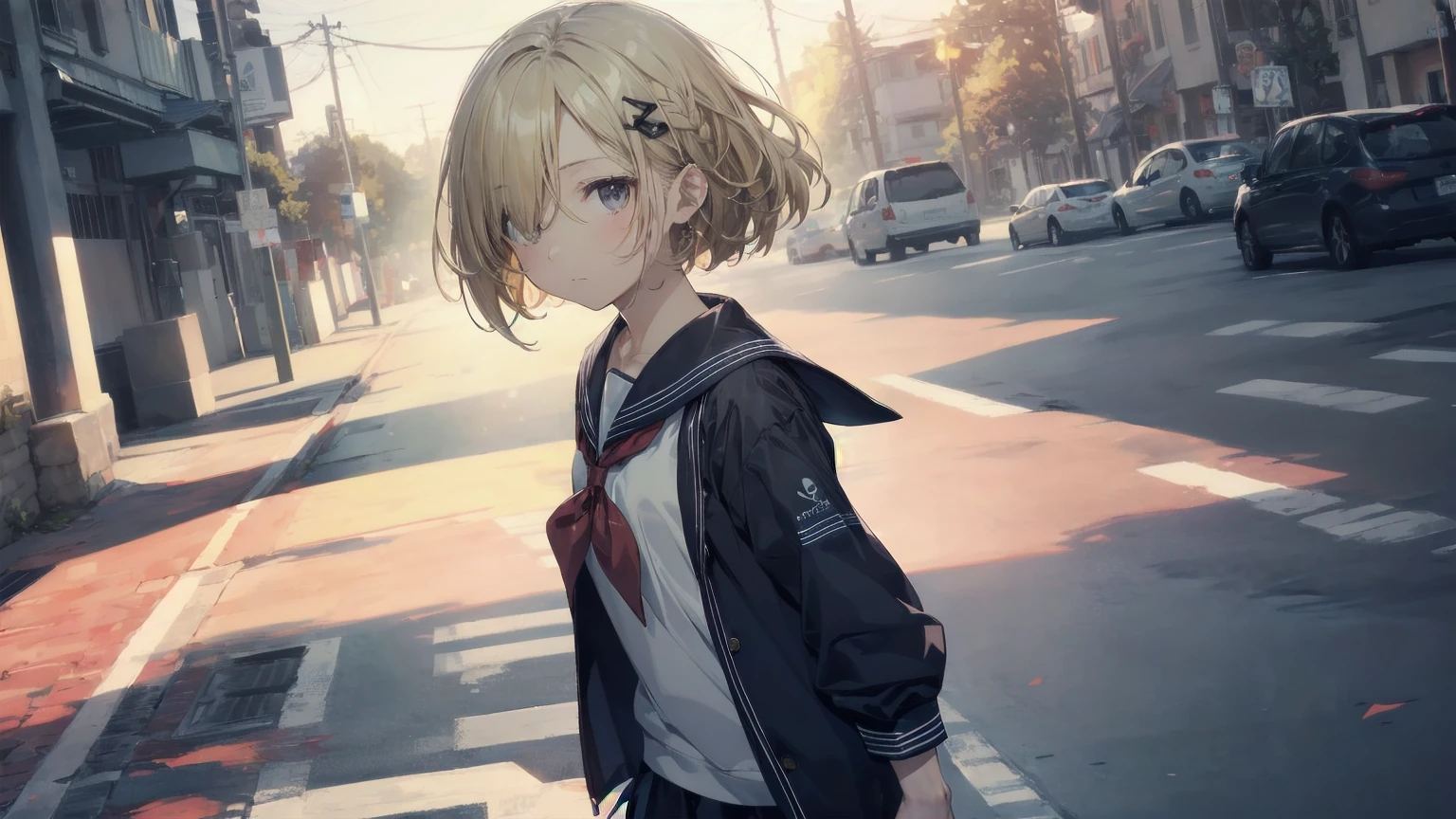Highest quality, Anime Moe Art Style,Best Anime 8K Konachan Wallpaper,pixiv contest winners,Perfect Anatomy, (Please draw a girl walking sleepily to school.... ),break, 1 Girl, (alone,,,:1.3),high school student, short hair, amount, (Hair above one eye:1.7),All limbs, Full Finger,Medium Chest, Between the legs, Small eyes,accurate black eyes, Hair Clip, (Sailor suit:1.5),(school uniform:1.5) skirt,On the way to school. break,Very detailed,High resolution,ultra high density skin, Professional Lighting,8K eye detail, (Cute illustrations:1.2),blonde,blonde hair,Expressionless,(Hair on one eye:1.5),Sailor suit