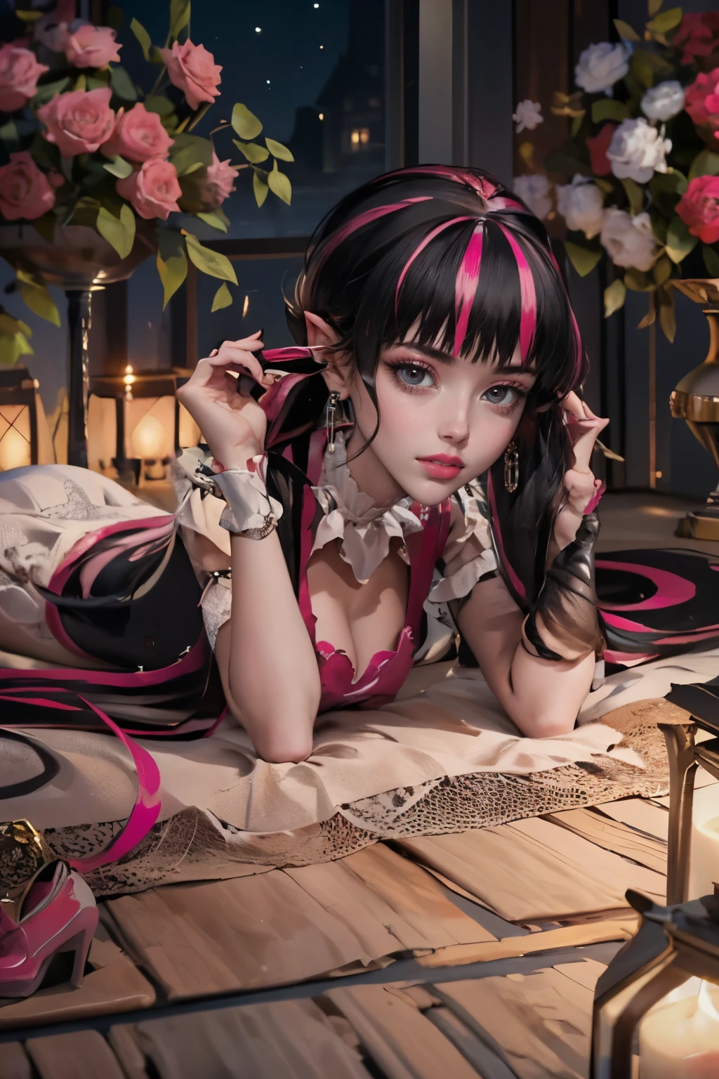 1 girl, a girl with bat wings, holding a red rose, succubus, a red roses on focus, red roses, black hair, pink hair, multicolored hair, bat choker, necklace, centered, bat jewelry, gothic scenery, Pink bat Jewelry, smile, vampire fangs, (looking at viewer), Draculaura_MH, wavy hair, solo, red roses, ornament hair, pink roses on her hair, bat ears on the top of the head, a vampire girl, holding a red rose, perfectly body, perfectly hands, pink hair, flowing hair, short hair, laying down on a grass, chinese garden style, oriental garden, a lake with white carpas on the background, gold lantern, black dress, chinese black dress, a dress with layers, short skirt, more details on her clothes, laying down, golden details, night, smiling, pink dress, garden scene, cowboy shot, luxury, gold details on her clothes, 1girl, dress, jewelry, maid clothes, maid, maid dress, maid apron, maid headdress, white apron, solo, black dress, gold lantern, Chinese style, Chinese lanterns, Chinese maid dress, laying down on the grass, black gloves, black socks, white laces, pink shoes, gold details on her clothes, cat ears, animal ears, garden, roses, more details, best quality