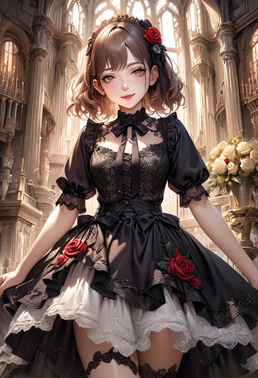 (realistic, photo-realistic:1.37), incredibly absurdres, (insanely detailed:1.3), 8k, (masterpiece), (best quality:1.4), (ultra high res:1.2), (RAW photo:1.2), ultra detailed background, (unity 8k wallpaper), 1 nogizaka girl, utterly cute, bishojo, , (gothic lolihion), an exquisitely detailed and beautiful face and eyes and skin, detailed black shine hair, elegant frills, frilled tie, ribbon tie, rose hair accessory, a dress with delicate lace, soft fabric, and a beautiful rose pattern, smile at the camera, cowboy shot, castles scenery in europe, professional lighting