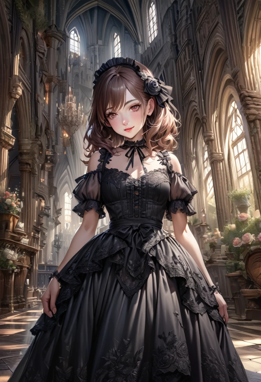 (realistic, photo-realistic:1.37), incredibly absurdres, (insanely detailed:1.3), 8k, (masterpiece), (best quality:1.4), (ultra high res:1.2), (RAW photo:1.2), ultra detailed background, (unity 8k wallpaper), 1 nogizaka girl, utterly cute, bishojo, 15yo, (gothic lolita fashion), an exquisitely detailed and beautiful face and eyes and skin, detailed black shine hair, elegant frills, frilled tie, ribbon tie, rose hair accessory, a dress with delicate lace, soft fabric, and a beautiful rose pattern, smile at the camera, cowboy shot, castles scenery in europe, professional lighting
