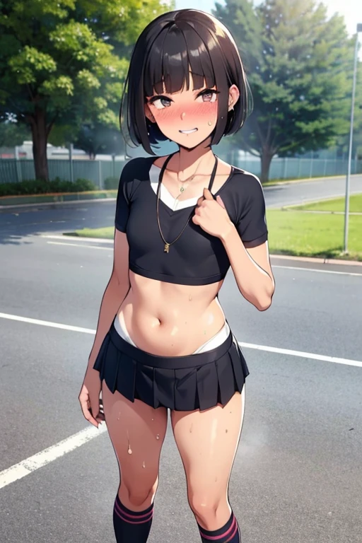 ((highest quality)), (masterpiece: 1.2), very detailed,(perfect and beautiful posture:1.2),(fullbody shot:1.3,Solo,mature man),(short bob cut hair,flat chest:1.2), ((confused,embarrassed and blush:1.3)), shyness:1.1, (Sweaty, sunburned skin:1.53), (sexy Sports bra, short Pleated miniskirt:1),(erect nipples:0.4),navel out,(fake smile:1.5), (standing Straight:1.5), sexually,earrings,necklace,pink lips,black long socks,wide hips, steaming body, show teeth,midriff,At midnight,outside, park,black long socks,skneakers,black bob hair,blunt bangs,thick red lips,drooling,excessive cum,skinny,outdoor,navel out,(tight thigts),heavy breathing,white and blue Track uniform,looking at viewer,mouth open a little,(chubby),tears,slit