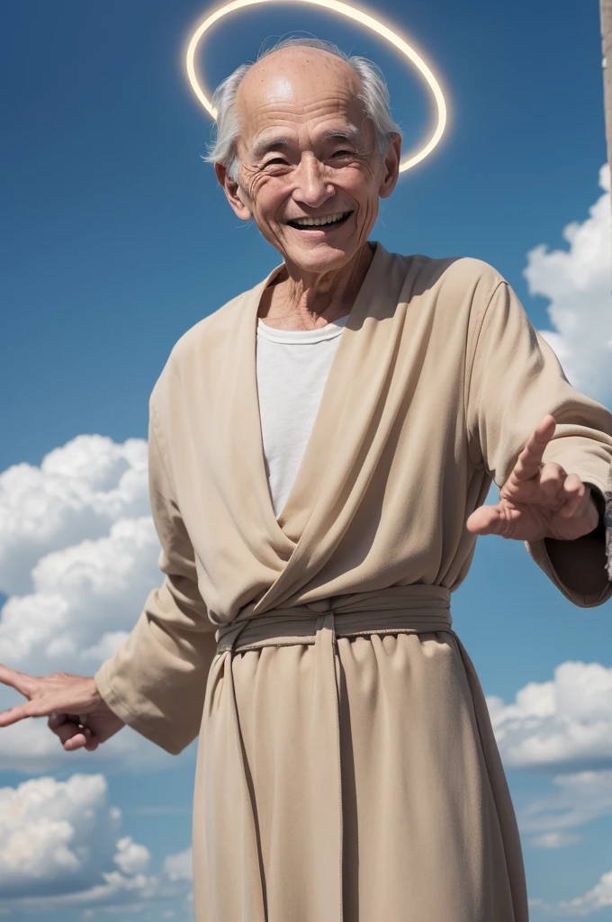 with a thin elderly man with a halo on his head, Open arms, in the sky under the clouds, smiling like someone waiting for a hug