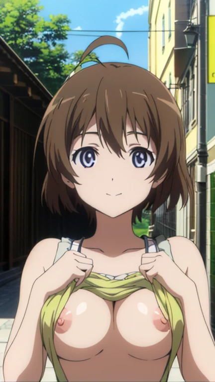 (High resolution, Highest quality:1.2), One girl, shine, Soft contours, Beautiful painting, Upper Body, Concept Art, eyelash, Kyoani Hyouka Style, Detailed Background, Bright colors,
Lynette Bishop, Ahoge, Single Blade, ribbon, A light smile,
yellow sundress, Outdoor, Sunny summer、Nipples are visible、Completely naked