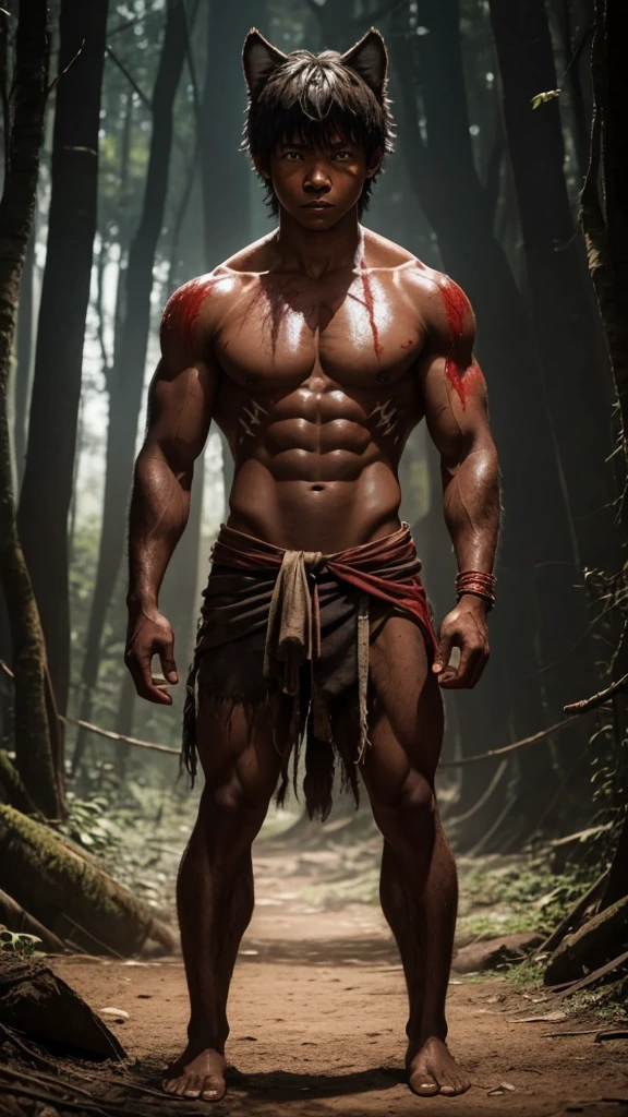  werewolf boy，Topless，Red skin，barefoot，covered in wounds，Muscle fullness，Standing，Tears，Wolf ears，Smooth skin，Standing on the dirt，Strong thighs，Well-developed chest muscles