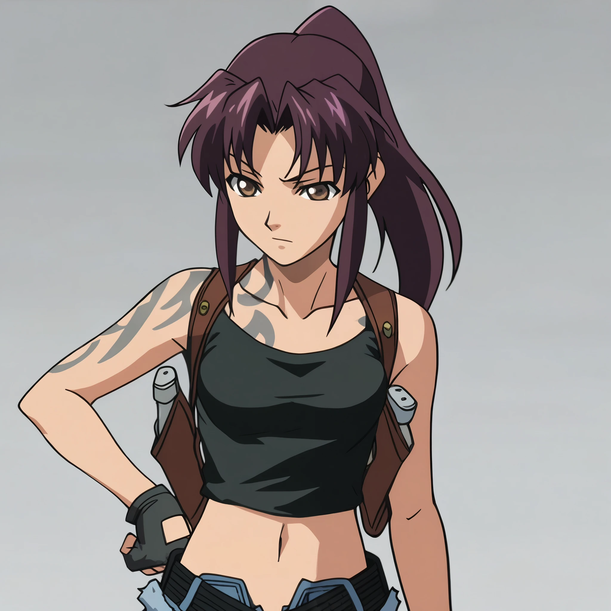 anime screencap, score_9,score_8_up,score_7_up, source_anime, anime coloring, BREAK 1girl, solo, revy, purple hair, brown eyes, shoulder tattoo, long hair, ponytail, tank top, off the shoulder, cleavage, midriff, short shorts, unbuttoned fingerless gloves,