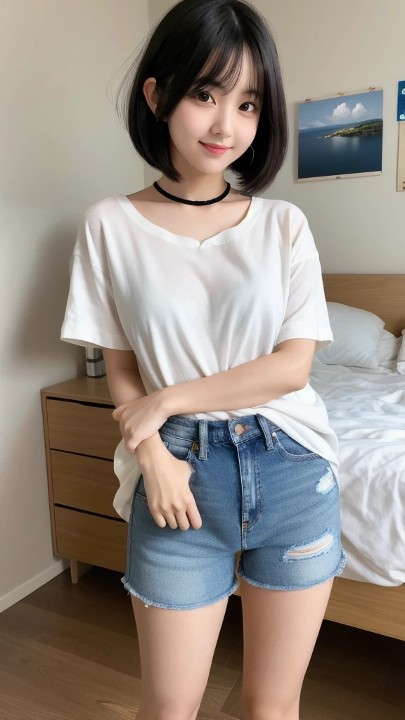 (8K, Realistic, RAW Photos, Highest quality: 1.4),Japanese idol-style beautiful girl,1 person,18-year-old,(Hairstyle(Very Short Bob,Black,Center Parting)),The forehead is visible,She has her hair tucked behind her ears,Large, clear grey eyes,Long eyelashes,(piercings(small)),(Lip gloss),lips(Plump,glossy),choker,(Tunic(Short sleeve,Hemming out)),(Skin-tight 3/4 length jeans),Long legs,barefoot,Her Room,(On the bed(Are standing,Large stuffed animal)),Smiling at the camera,Front view,Full body portrait