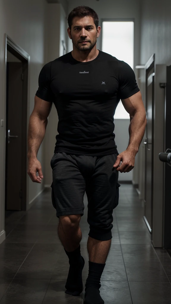 1 man, solo, 48 year old, Chris Redfield daddy, wearing a grey T-shirt, smirks, looking at the camera, black color on the shoulder and a bsaa logo on the shoulder, military tactical suit, equipment, tall and hunk, half naked, legs hairy, only wearing a black boxer, very huge bulge, black socks, no shoes,, biceps, abs, chest, best quality, masterpiece, high resolution:1.2, full body shot, dark black gloomy hallway with not background, focus on feet and black socks, sock fetish