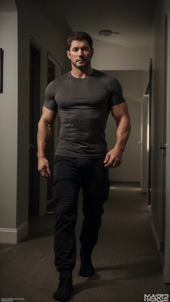 1 man, solo, 48 year old, Chris Redfield daddy, wearing a grey T-shirt, smirks, looking at the camera, black color on the shoulder and a bsaa logo on the shoulder, military tactical suit, equipment, tall and hunk, half naked, legs hairy, only wearing a black boxer, very huge bulge, black socks, no shoes,, biceps, abs, chest, best quality, masterpiece, high resolution:1.2, full body shot, dark black gloomy hallway with not background, focus on feet and black socks, sock fetish
