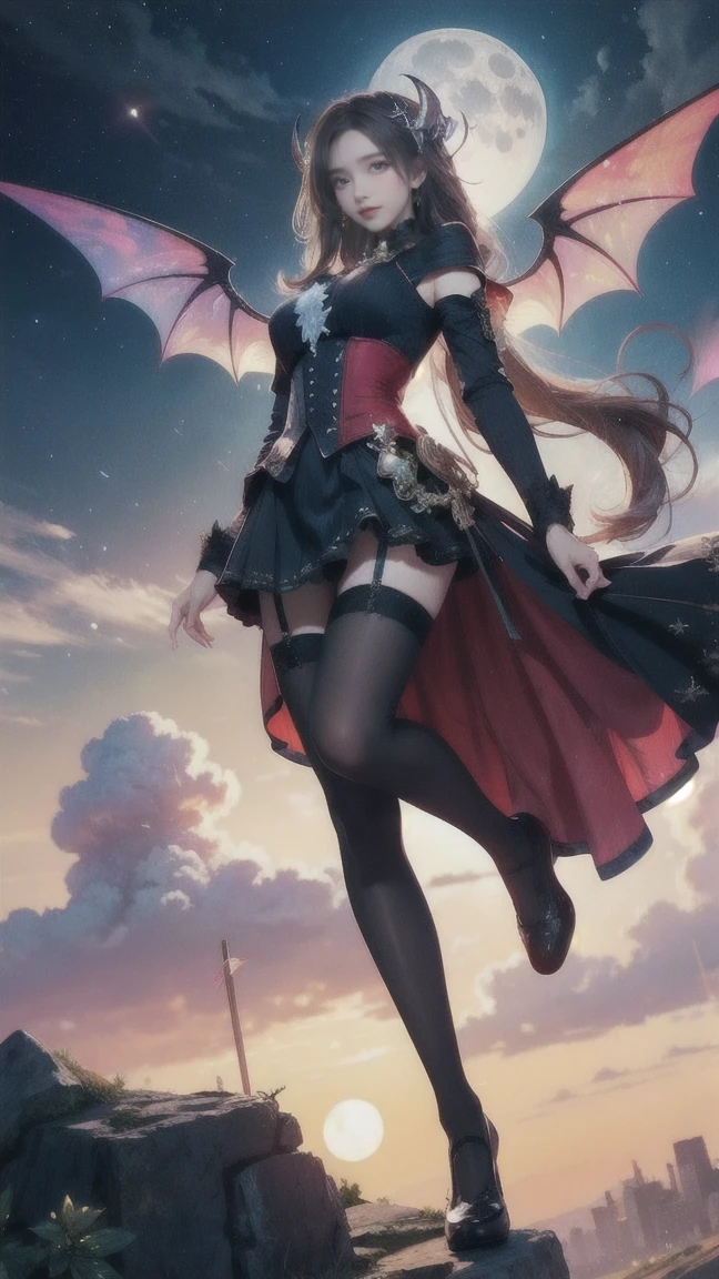 ((best quality)), ((masterpiece)), (detailed), Succubus, Ethereal Beauty, Living in the Clouds, (fantasy illustrations:1.3), Fascinating eyes, Tights, Pantyhose, stocking, Tights, Charming pose, Exquisite wings, Charming, Mysterious sky, Big Moon, Moonlit Night, Soft colors, (detailed cloudscape:1.3), (high resolution:1.2), From below, (score_clearly), (Fraction_9, Fraction_8_up, Fraction_7_up, Fraction_6_Direction_5_Direction_4_up, high resolution, 4K)