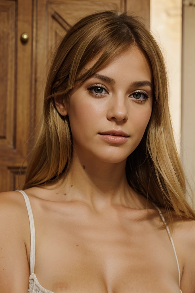 fille blonde, portrait realiste, robe, en robe, de face 