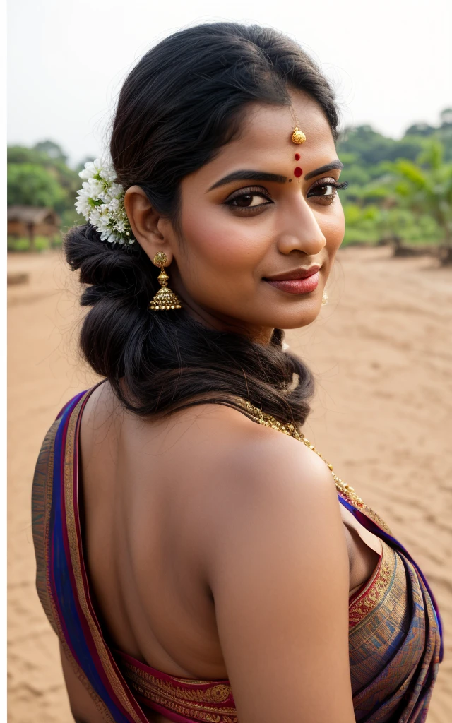 Foto RAW, photorealistic, photography, full body shot, master shot, Saree model, model Photography, Indian saree shoot, village woman, sensual lust, sensual beauty, erotic photoshoot, bengali village woman, bengali housewife, bhabhi, aunty, bong girl, village sari, village girl, village Sari style, vintage Indian Village Style sari draping , retro village wear, village style, no blouse saree, no blouse can be seen, traditional wear advertising photography, traditional wear brand shoot, face of Indian actress Pavitra Lokesh, masterpiece, realistic, realism, photorealism, high contrast, photorealistic Artstation 8k HD digital art trend of high definition and detailed realistic skin texture, ultra detail, realistic skin texture, armature, best quality, ultra high definition, (photorealistic:1.4),, high resolution, detail, raw photo, Re sharp, by Lee Jefferies Nikon D850 Film Stock Photo 4 Kodak Portra 400 Camera F1.6 Lens Rich Color Ultra Real Realistic Realistic Textures Dramatic Lighting Unreal Engine Trending at Art Station Cinestill 800,(pele altamente detalhada: 1.2), 8k UHD, DSLR, soft-lighting, alta qualidade, grain of film, Fujifilm XT3