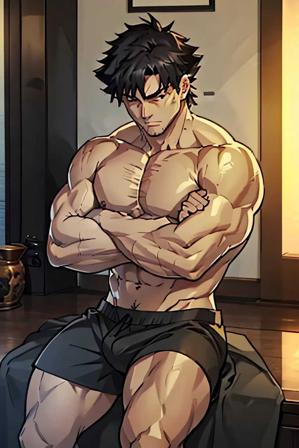 Kiritsugu is sitting and flexing his buff biceps and thighs. He wears black short boxershorts. You can see his thighs completely. He is shirtless. He is showing his abs too. He is admiring his arms. He has a huge bulge.