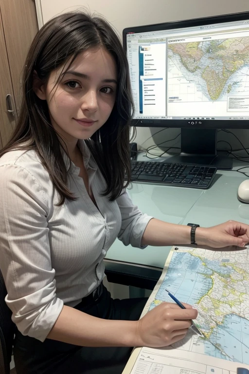 a woman working in the office with the computer carrying out cartographic and gis projects of the country Argentina