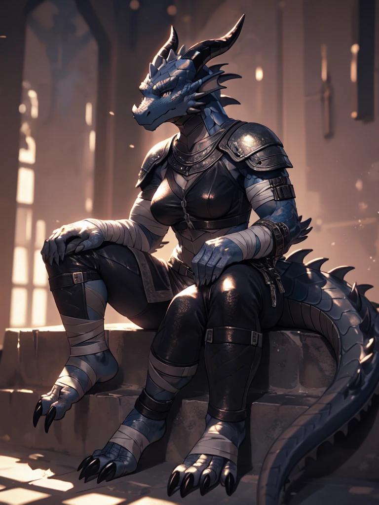 solo, kemono, (dragon), anthro, female, ((black body)), scales, tail, muscles, medium breasts, leather armor, sitting, nose ring piercing, toe claws, bandaged feet, depth of field,(best quality),(masterpiece),(ultra detailed)