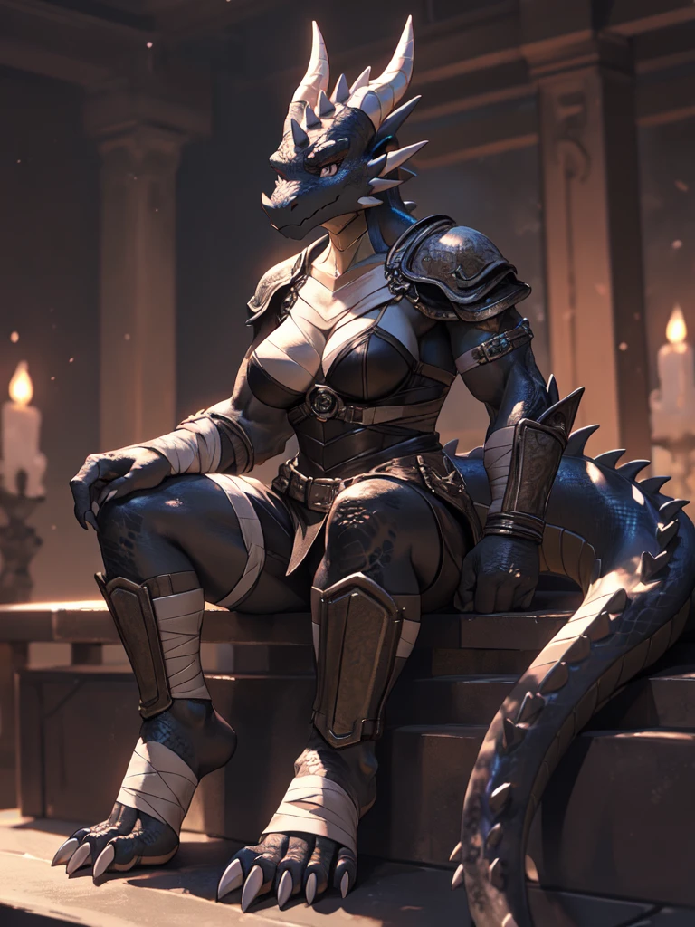 solo, kemono, (dragon), anthro, female, ((black body)), scales, tail, muscles, medium breasts, leather armor, sitting, nose ring piercing, toe claws, bandaged feet, depth of field,(best quality),(masterpiece),(ultra detailed)