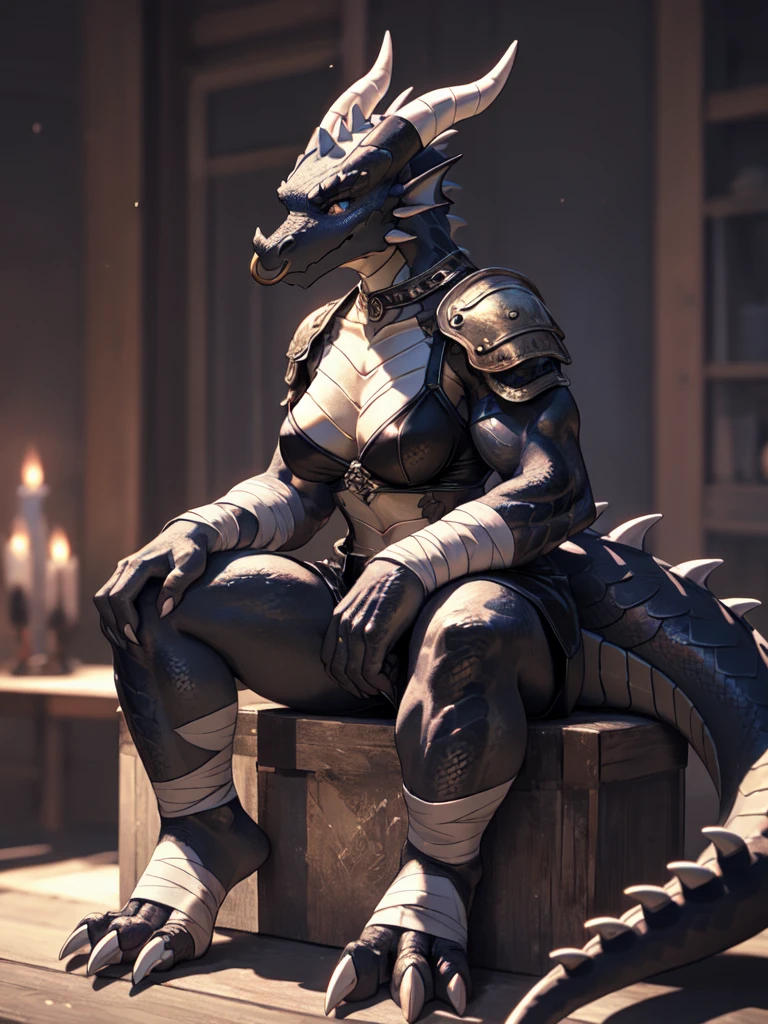 solo, kemono, (dragon), anthro, female, ((black body)), scales, tail, muscles, medium breasts, leather armor, sitting, nose ring piercing, toe claws, bandaged feet, depth of field,(best quality),(masterpiece),(ultra detailed)