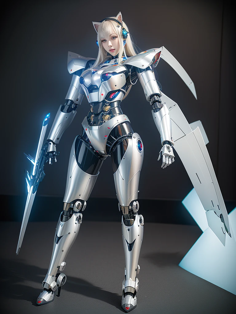 Super Detail, High Detail, high quality, best quality, High resolution,1 female robot,Beautiful female robot,beautiful clear face(Rain waves_haneame:1.5), Mechanical body(Smooth metal surface,silver armor,Mechanical seams of skin,beautiful body curves),Mechanical body structure,High-tech all over the body(mecha armor : 1.5),Streamlined mechanical armor (Relatively thick,Highlight breast curves),cat ear antenna hair accessories,Mechanical parts damage