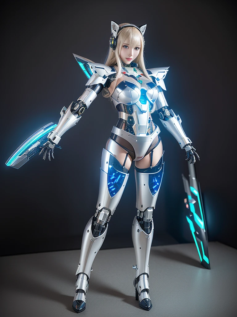 Super Detail, High Detail, high quality, best quality, High resolution，1 female robot，Beautiful female robot,beautiful clear face(Rain waves_haneame：1.5)， Mechanical body(Smooth metal surface，silver armor，Mechanical seams of skin，beautiful body curves)，Mechanical body structure,High-tech all over the body(mecha armor : 1.5)，Streamlined mechanical armor (Relatively thick，Highlight breast curves),cat ear antenna hair accessories，Mechanical parts damage