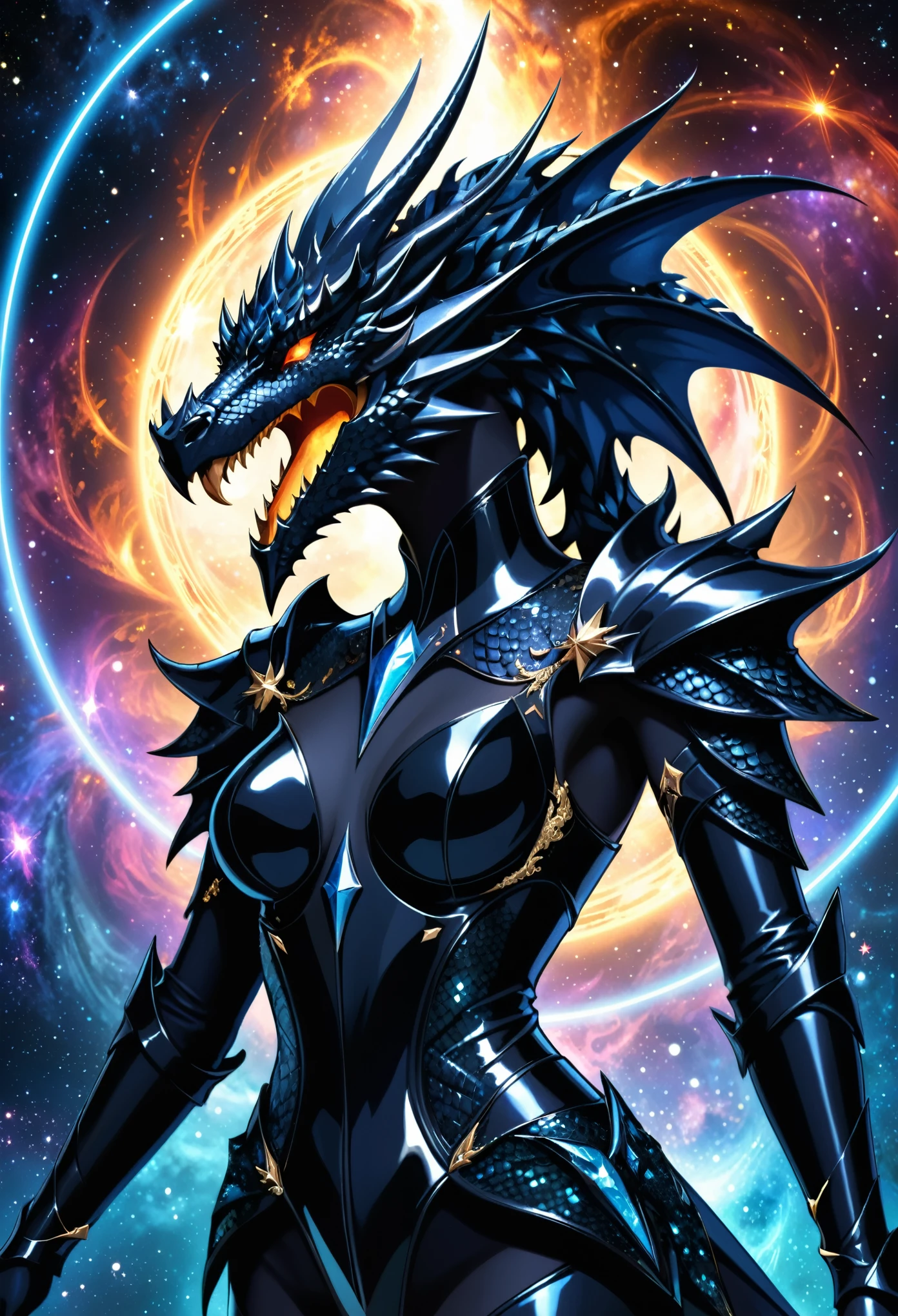 in style of Thierry Mugler,character concept design, half body,Black Dragon Knight,Reflective Black Dragon Scale,rococo style,galaxy,Fractal,Halo,angry,Dynamic Action