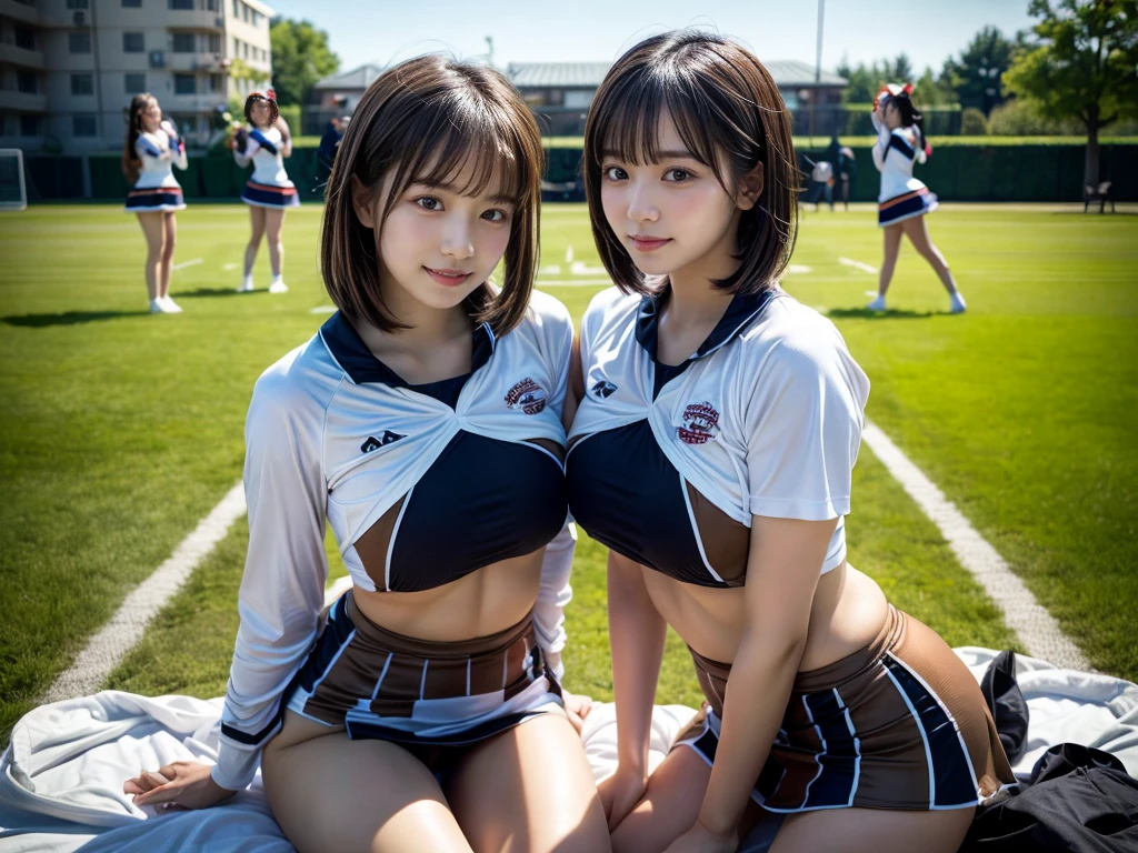 (RAW photo, 4k, masterpiece, high resolution, extremely complex) (realistic: 1.4), cinematic lighting
 ((2 girls, 2 schoolgirls)),blushing,((innocent)),bright eyes,round eyes,blunt bangs,(short bob hair:1.3),black hair,large breasts,wide hips,Summer Noon, ,Hot, (Best Quality), (Highres), (an Extremely Delicate and Beautiful),(Beautiful 8k face),(Brown eyes),( spectators),(gigantic breasts),(Play with each other,Touching each other's bodies,Touching the body),(cheer girl:1.5),(a miniskirt),(reality),bright lighting,(The background is a luxury hotel room)