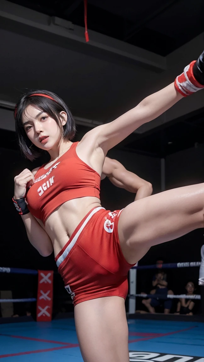 (masterpiece), best quality, expressive eyes, perfect face, HD, 4K, Thailand MMA girl, killer, tanned, (masterpiece), best quality, expressive eyes, perfect face, abs muscular, 1girl, beautiful face, thicker eyebrows, Beauty of beauty, (shinny skin, bob cut with movement), black eyes, eyebrows, Looking at Viewer, red polyester bodysuit, smiling look, smile expression, standing in frustration, Black hair, (large swaying chest, A slender,), full body, bandage wrapped legwear, muscles, collarbone, slim waist, slim athletic build, Studio Lighting, Muaythai headband, bandage MMA gloves, Sweating, underworld fighting room, Thai face, (masterpiece), best quality, expressive eyes, perfect face, Thailand MMA girl, killer, tanned, (masterpiece), best quality, expressive eyes, perfect face, 1girl, beautiful face, Beauty of beauty, (shinny skin, bob cut with movement), black eyes, eyebrows, Looking at Viewer, red polyester, Fatigued look, bloodthirsty expression, standing in frustration, Black hair, (large swaying chest, A slender,), full body, bandage wrapped legwear, muscles, collarbone, slim waist, slim athletic build, Studio Lighting, Muaythai headband, bandage MMA gloves, Sweating, underworld fighting room, Thai face, hard knee veins, MuayThai, perfect anatomy, bandaged foot, feet, dolphin shorts, solo, cum inside, sperm inside, wet shorts, Mizuno brand clothing, kickboxing, kicking feet, kick pose, veins knee, two leg, bandages, bandage fighter, obliques, MuayThai, perfect anatomy, bandaged foot, feet, MMA shorts, solo, cum inside, sperm inside, wet shorts, kicks, Her Name, Thai face woman, bleeding, wounded, bruises, rich wealth, tanned skin, tan skin, brown skin color