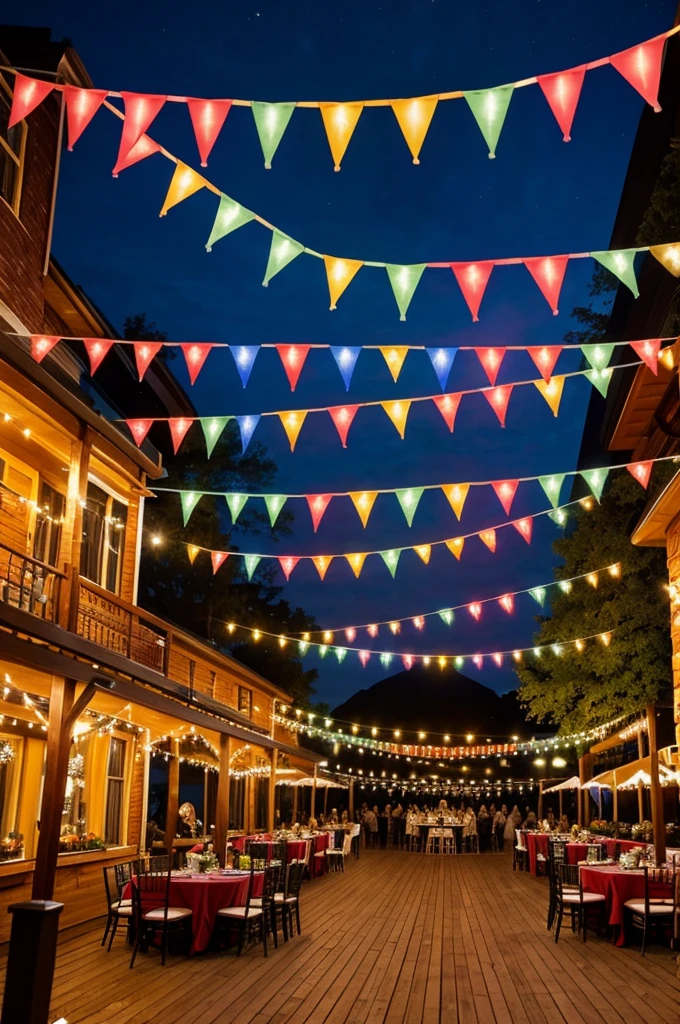 Outdoor celebration, in a patio, with decoration of colored pennants and lights, similar to a fair.