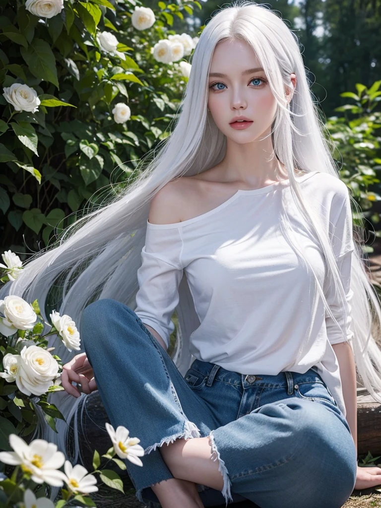 Long white hair, blue eyes, serious features, white skin, loose style, in a garden, with flowers , in the forest ,in jeans dressed 