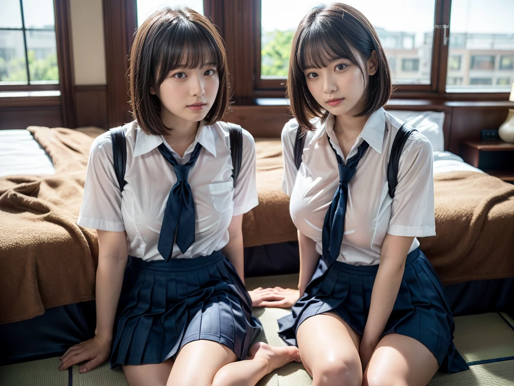 (RAW photo, 4k, masterpiece, high resolution, extremely complex) (realistic: 1.4), cinematic lighting
 ((2 girls, 2 schoolgirls)),Slam Dunk's,blushing,((innocent)),bright eyes,round eyes,blunt bangs,(short bob hair:1.3),black hair,large breasts,wide hips,Summer Noon, ,Hot, (Best Quality), (Highres), (an Extremely Delicate and Beautiful),(Beautiful 8k face),(Brown eyes),short bob hair,( spectators),(gigantic breasts),(Play with each other,Touching each other's bodies,Touching the body),(Japanese high school uniform:1.3),blue skirt,(reality),bright lighting,(The background is a luxury hotel room)