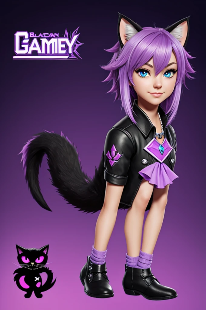 Gamer character that is referenced by a black cat with lilac and turquoise