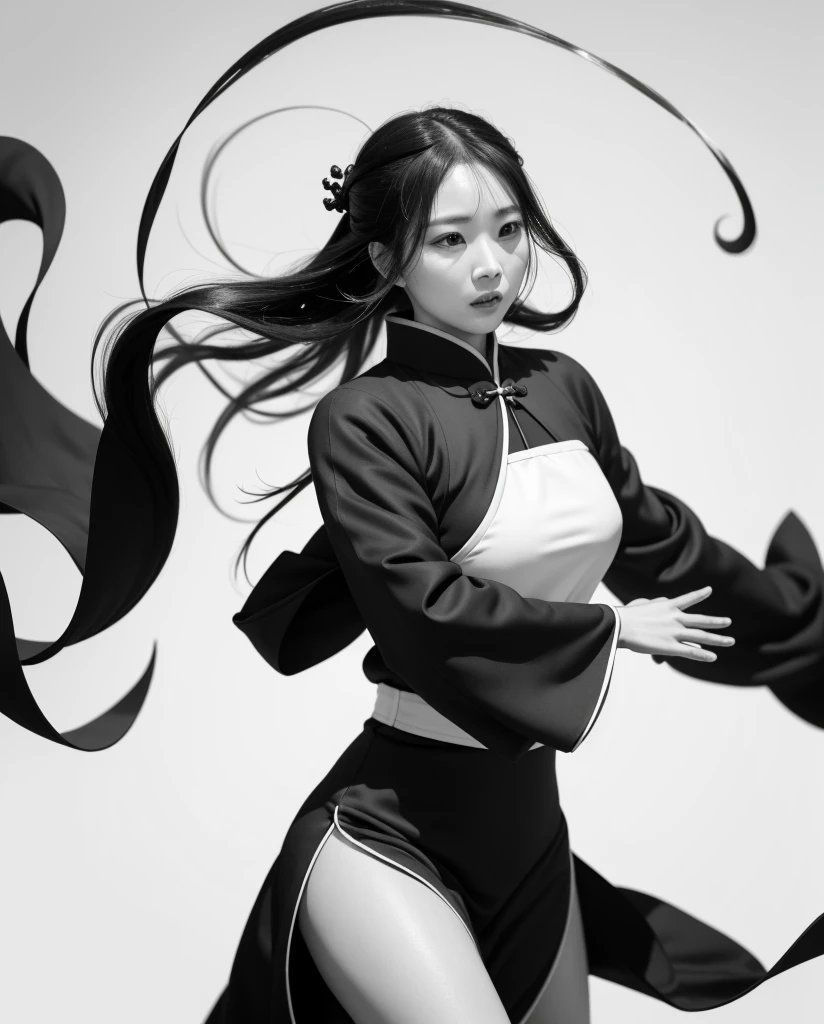 zydink, monochrome, ink sketch, asian (middle age woman), fighting stance, looking at viewer, long hair, floating hair, hanfu, chinese clothes, long sleeves, (abstract ink splash:1.2), white background
