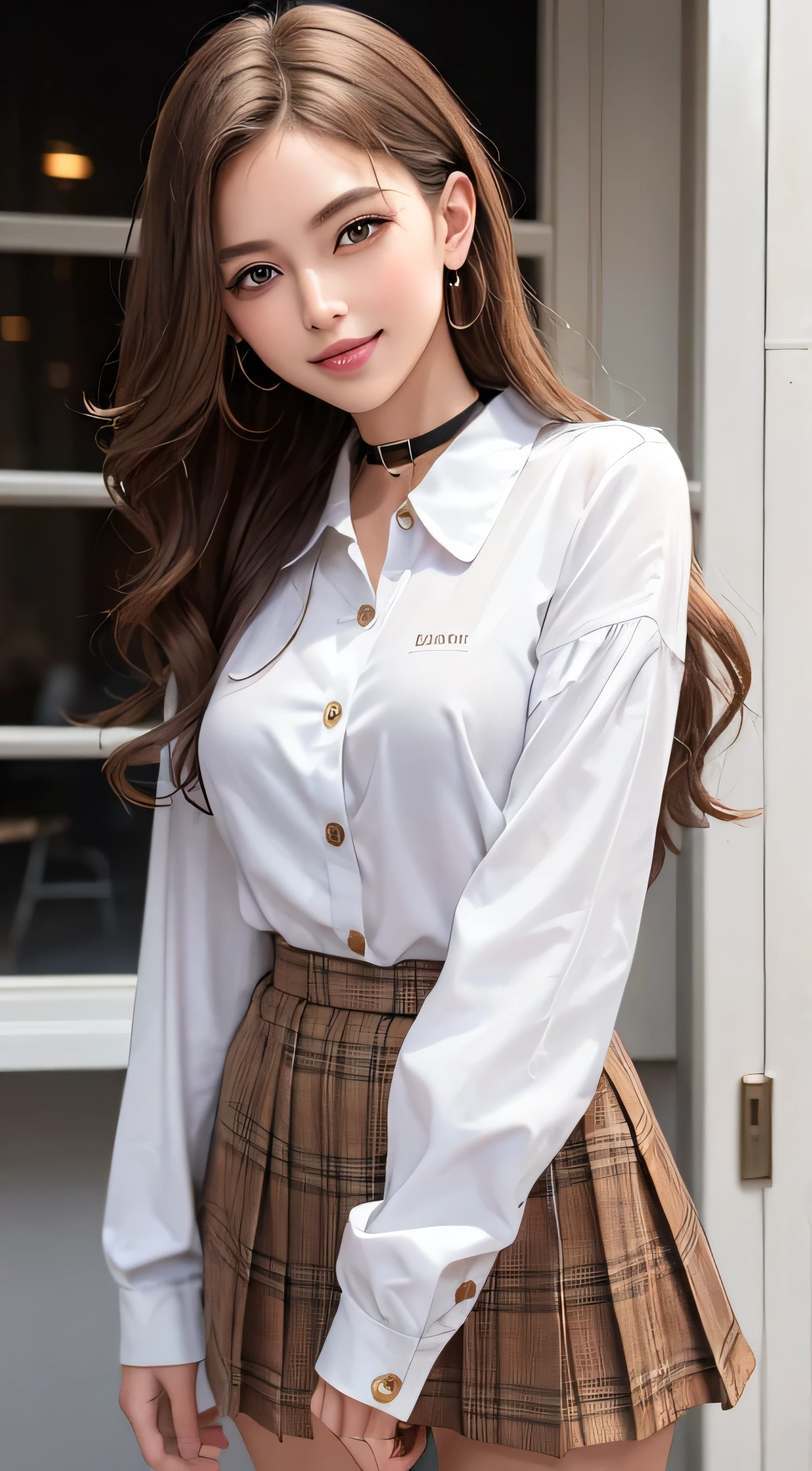 European and American women, Fashion Model, Glamour, Paparazzi take pictures of her, Blonde, Brown eyes, 8K, high quality, masterpiece, 最high quality, High resolution, Very detailed, Volumetric lighting, Realistic、((A shy smile:1.4))、(The eyes that see me:1.5)、Super long brown hair,Hair with loose waves insid、White long sleeve button up blouse_With collar_Remove up to the second button_Brown pleated mini skirt、