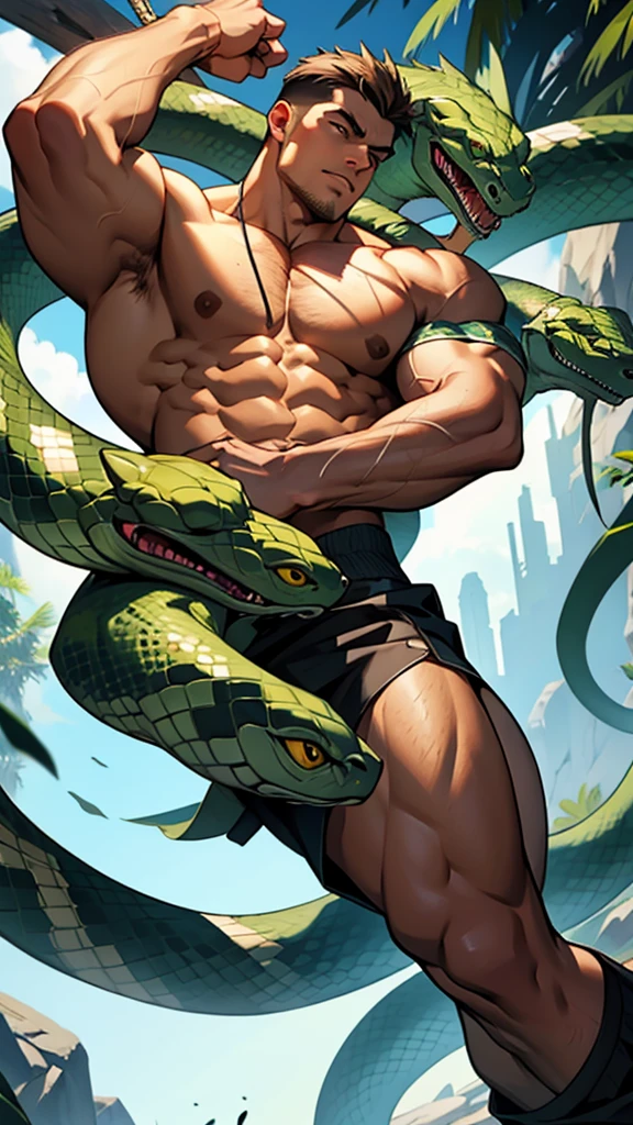 muscular person fighting with a snake and having the snake wrapped around him