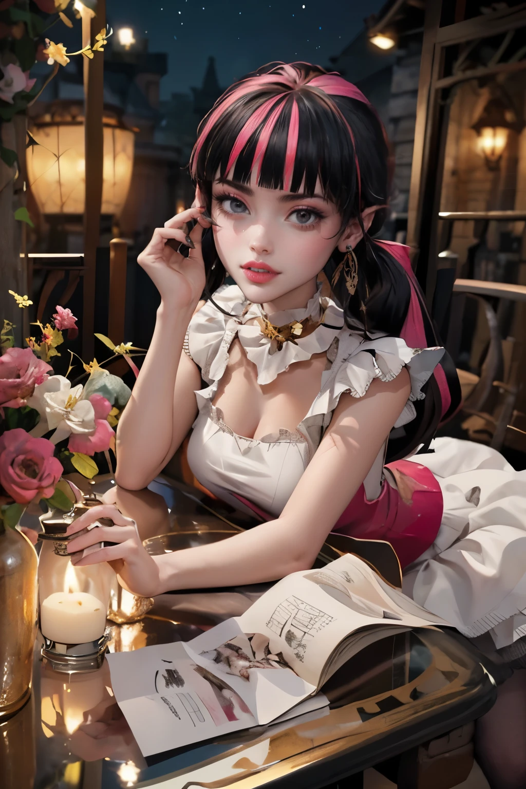 1 girl, a girl with bat wings, holding a red rose, succubus, bakery, a red roses on focus, red roses, bat choker, necklace, centered, bat jewelry, gothic scenery, Pink bat Jewelry, smile, vampire fangs, (looking at viewer), Draculaura_MH, wavy hair, solo, white roses, ornament hair, pink roses on her hair, bat ears on the top of the head, a vampire girl, holding a red rose, perfectly body, perfectly hands, pink hair, flowing hair, short hair, laying down on a grass, chinese garden style, oriental garden, a lake with white carpas on the background, gold lantern, pink dress, chinese pink dress, a dress with layers, short skirt, more details on her clothes, golden details, night, smiling, pink dress, garden scene, cowboy shot, luxury, gold details on her clothes, 1girl, dress, jewelry, maid clothes, maid, maid dress, maid apron, maid headdress, white apron, solo, pink dress, gold lantern, Chinese style, Chinese lanterns, Chinese maid dress, red gloves, white socks, white laces, red shoes, gold details on her clothes, cat ears, animal ears, garden, flowers, temple, lantern rite, more details, best quality